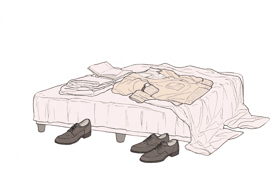 初デートの服装をベッドに並べて選ぶイメージイラスト